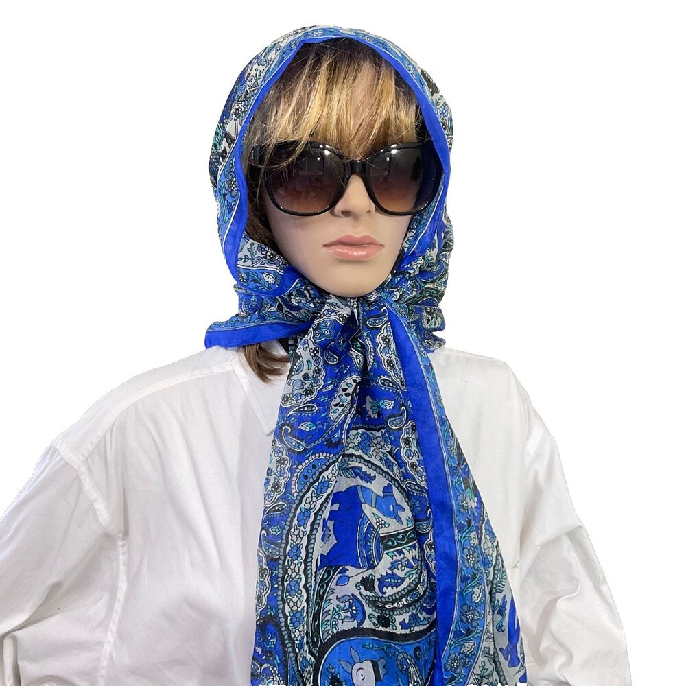 100% Silk Scarf wrap Blue Multifunctional  Boho Scarf 20 X68" paisley camels
